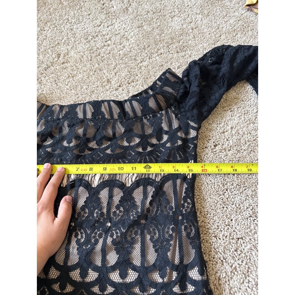 Crystal Doll Black Lace Bell Sleeve Mini Dress Nude Lining Boat Neck Womens M - Picture 10 of 11
